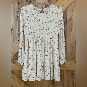 American Eagle Cream and Rust Floral Smocked Boho Long Sleeve Dress | Size Small